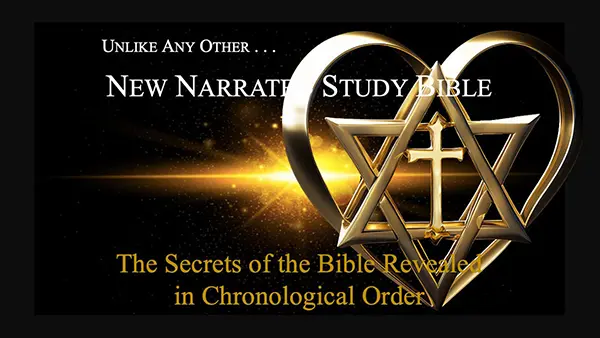 Promotional image with logo for the New Narrated Study Bible, showcasing features for immersive scripture study.