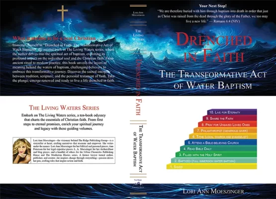 Full book cover of “Drenched in Faith,” featuring the front and back with title, author, and a synopsis.